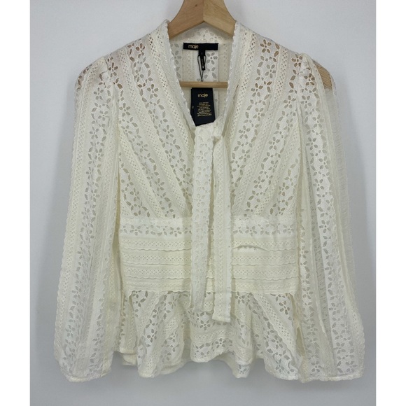 NWT Maje Lood White Tie-Neck Floral Lace Top Sz S - Picture 3 of 7